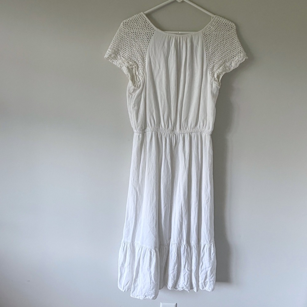 Old Navy White Linen Blend Crochet Sleeve Midi Dress Tassel Tie Boho Peasant S - Picture 3 of 13